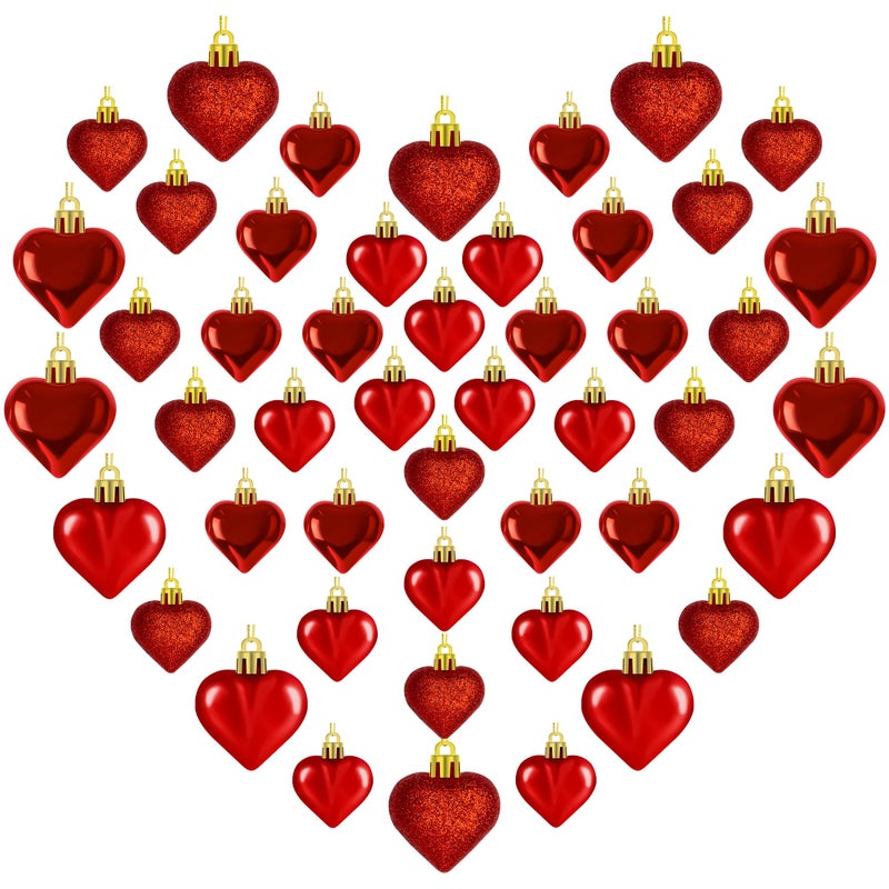 Melisheer 48PCS Heart Shaped Ornaments, Red Heart Shaped Ornaments, Valentines Heart Hanging Ornaments in 2 Sizes, Glossy Heart Baubles for Valentines Wedding Christmas Tree Party Decorations - Image 1