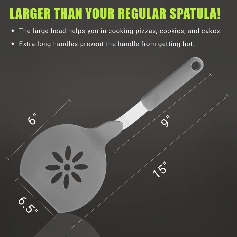 Homi Styles Jumbo Nylon Pancake Spatula | Wide Spatulas Non-Stick Slotted Blade Floral Cut-Out Design - Great for Pancake Flipper  Egg Pancake Turner | 15 x 6.5 Inches extra Large Spatula Gray (Grey) - Image 3