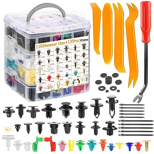 Uolor 1240Pcs Car Push Retainer Clips & Auto Fasteners Kit - 32 Most Popular Sizes Nylon Bumper Fender Rivets with 10 Cable Ties and Fasteners Remover for Toyota GM Ford Honda Chevy - Image 1