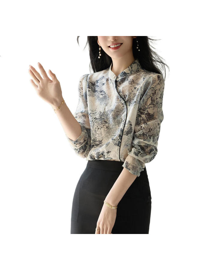 dme [Jiangnan Ink-Style Chinese-Style Shirt] Spring And Autumn Semi-Turtleneck National Trend Commuter Delicate 3D Printed Floral Blouse Women'S Top - Image 1