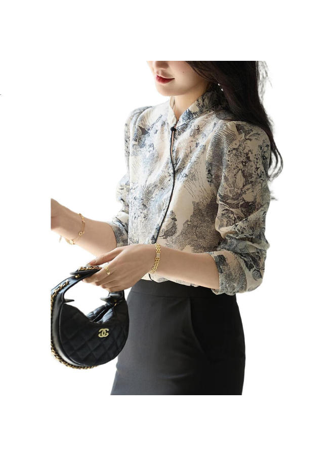 dme [Jiangnan Ink-Style Chinese-Style Shirt] Spring And Autumn Semi-Turtleneck National Trend Commuter Delicate 3D Printed Floral Blouse Women'S Top - Image 3