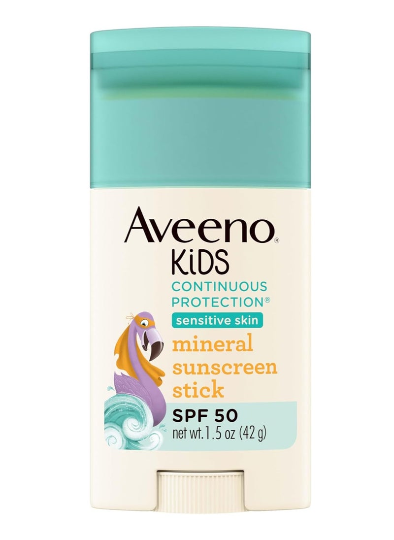 Aveeno Baby Aveeno Kids Continuous Protection Zinc Oxide Mineral Sunscreen Stick for Sensitive Skin, Face & Body Sunscreen Stick for Kids with Broad Spectrum SPF 50, Sweat- & Water-Resistant, 1.5 oz 