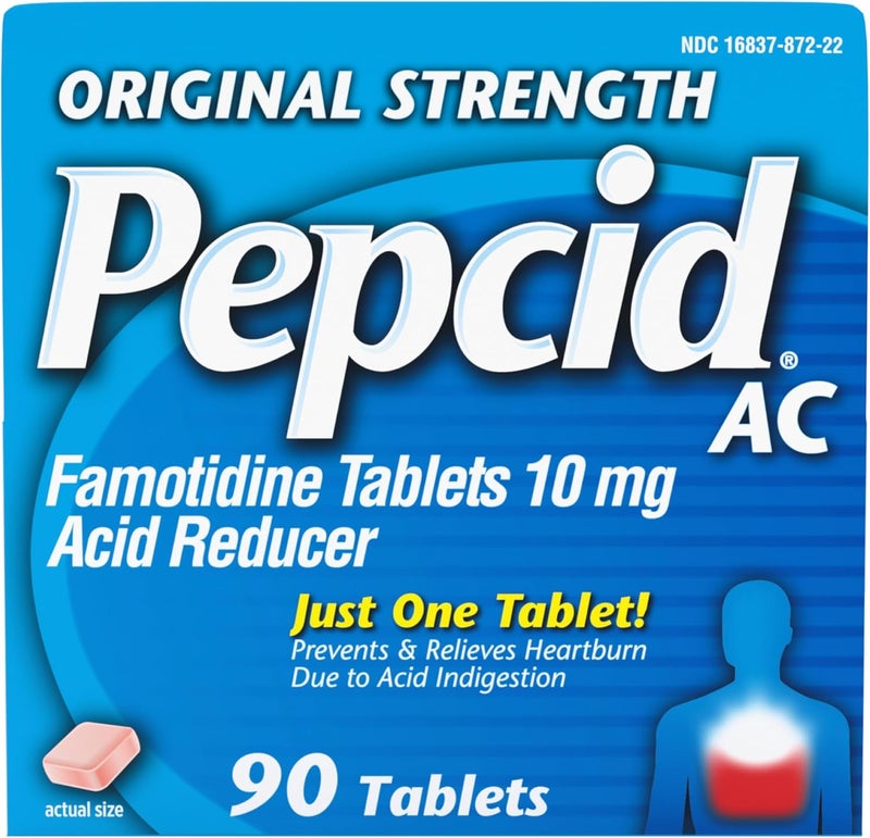 Pepcid AC Original Strength Heartburn Relief Tablets, OTC Medicine Prevents & Relieves Heartburn & Acid Reflux Due to Acid Indigestion, 10mg Famotidine Acid Reducer, Fast-Acting, 90 ct - Image 1