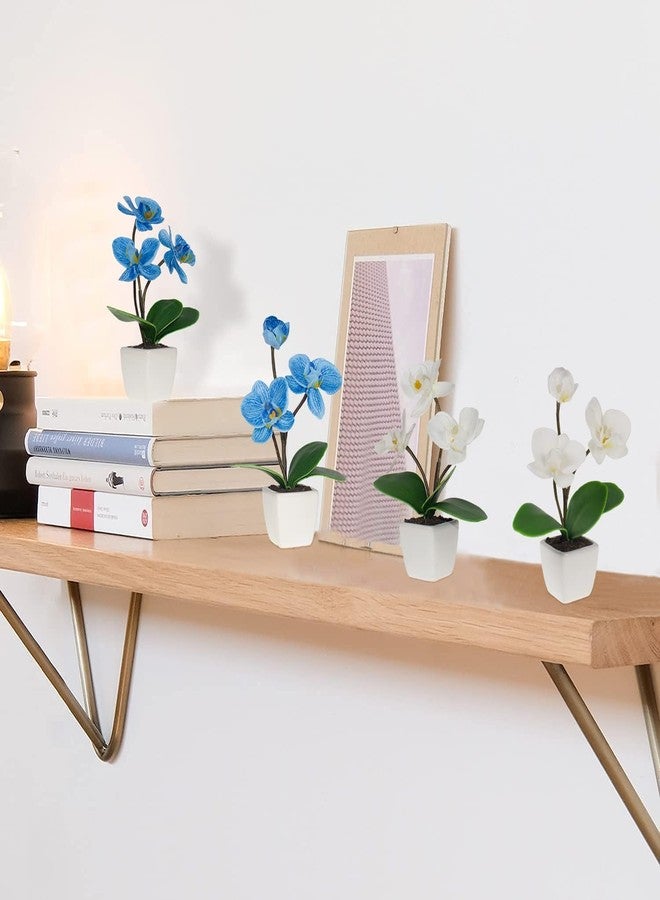 BINFEN Mini Artificial Silk Orchid Potted Flowers - 4pcs Real Touch Fake Small Plants in Ceramic Vase for Home Office Bathroom Living Room,Tiny Faux Table Shelf Decor White & Blue - Image 4