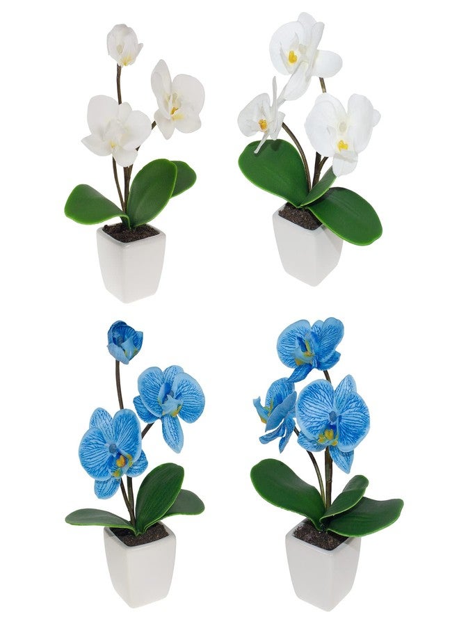 BINFEN Mini Artificial Silk Orchid Potted Flowers - 4pcs Real Touch Fake Small Plants in Ceramic Vase for Home Office Bathroom Living Room,Tiny Faux Table Shelf Decor White & Blue - Image 1