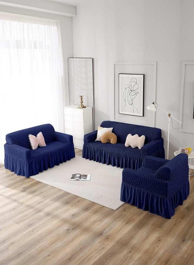 VORHANG Stretch Sofa Slipcover Easy Fitted Sofa Couch Cover with Skirt (Navy Blue -3 Seater) Pack of 1 - Image 2