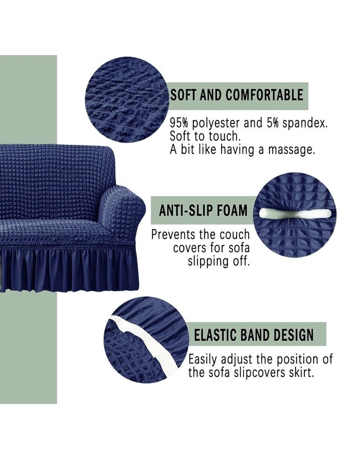 VORHANG Stretch Sofa Slipcover Easy Fitted Sofa Couch Cover with Skirt (Navy Blue -3 Seater) Pack of 1 - Image 3