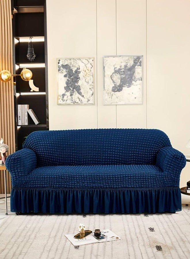 VORHANG Stretch Sofa Slipcover Easy Fitted Sofa Couch Cover with Skirt (Navy Blue -3 Seater) Pack of 1 - Image 1