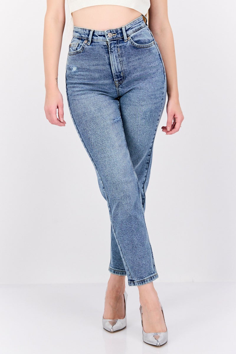 Pull & Bear Women Mom Fit Stretchable Denim Jeans, Blue  - Image 1