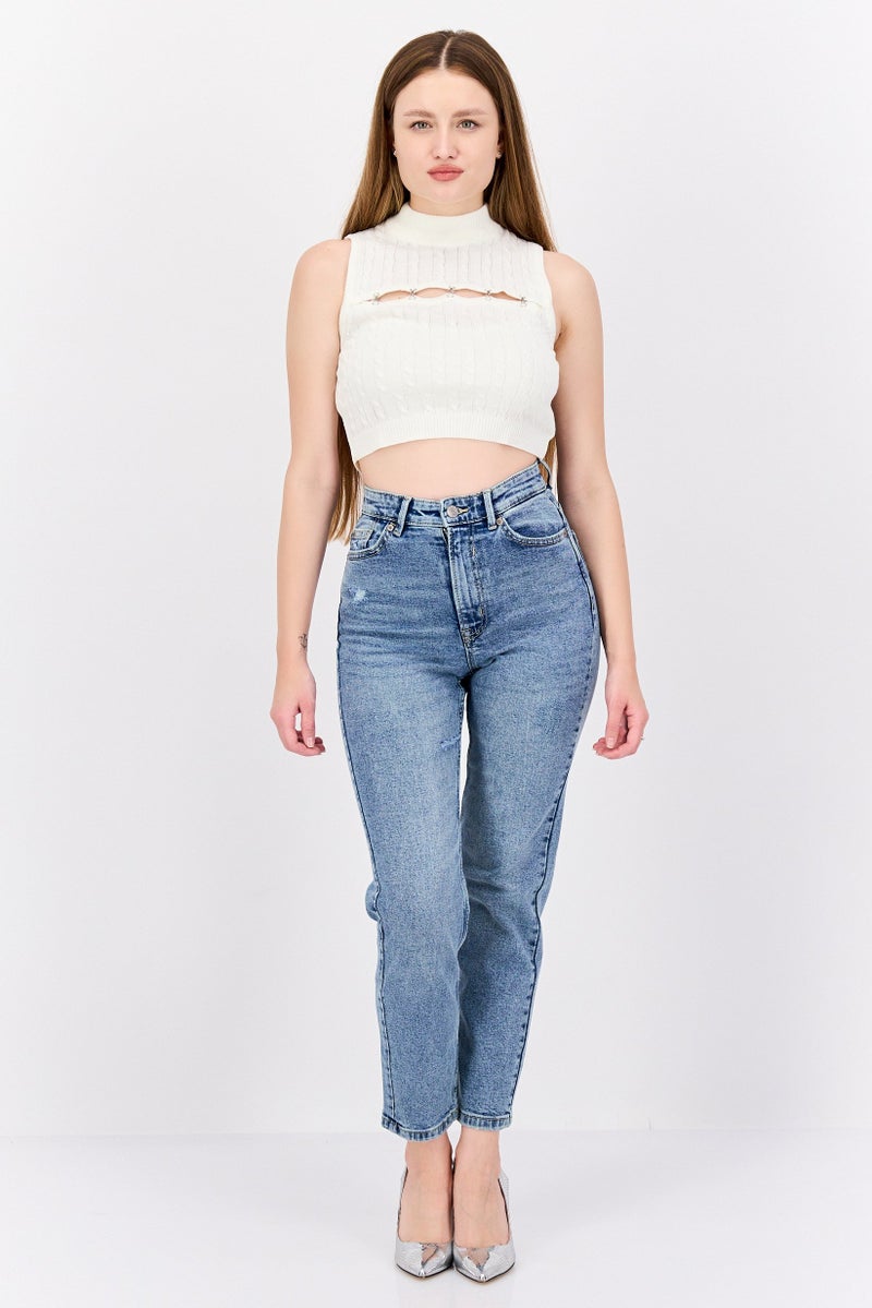 Pull & Bear Women Mom Fit Stretchable Denim Jeans, Blue  - Image 4