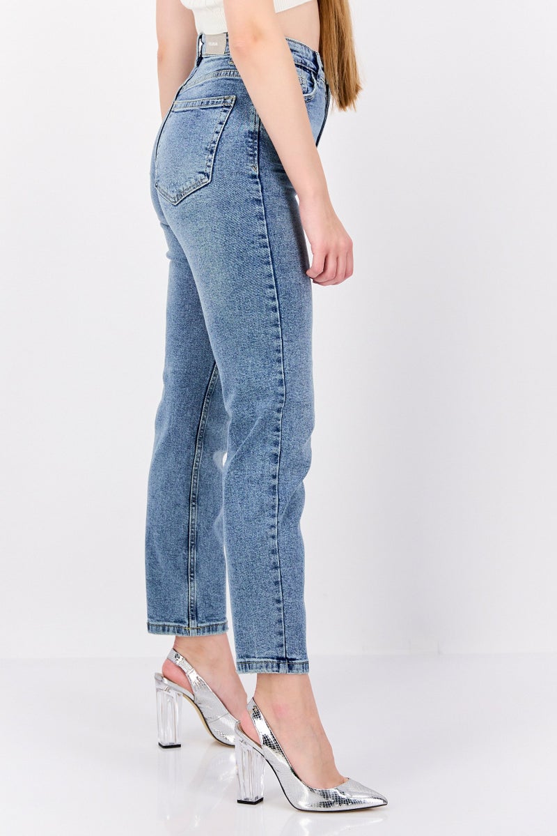 Pull & Bear Women Mom Fit Stretchable Denim Jeans, Blue  - Image 3