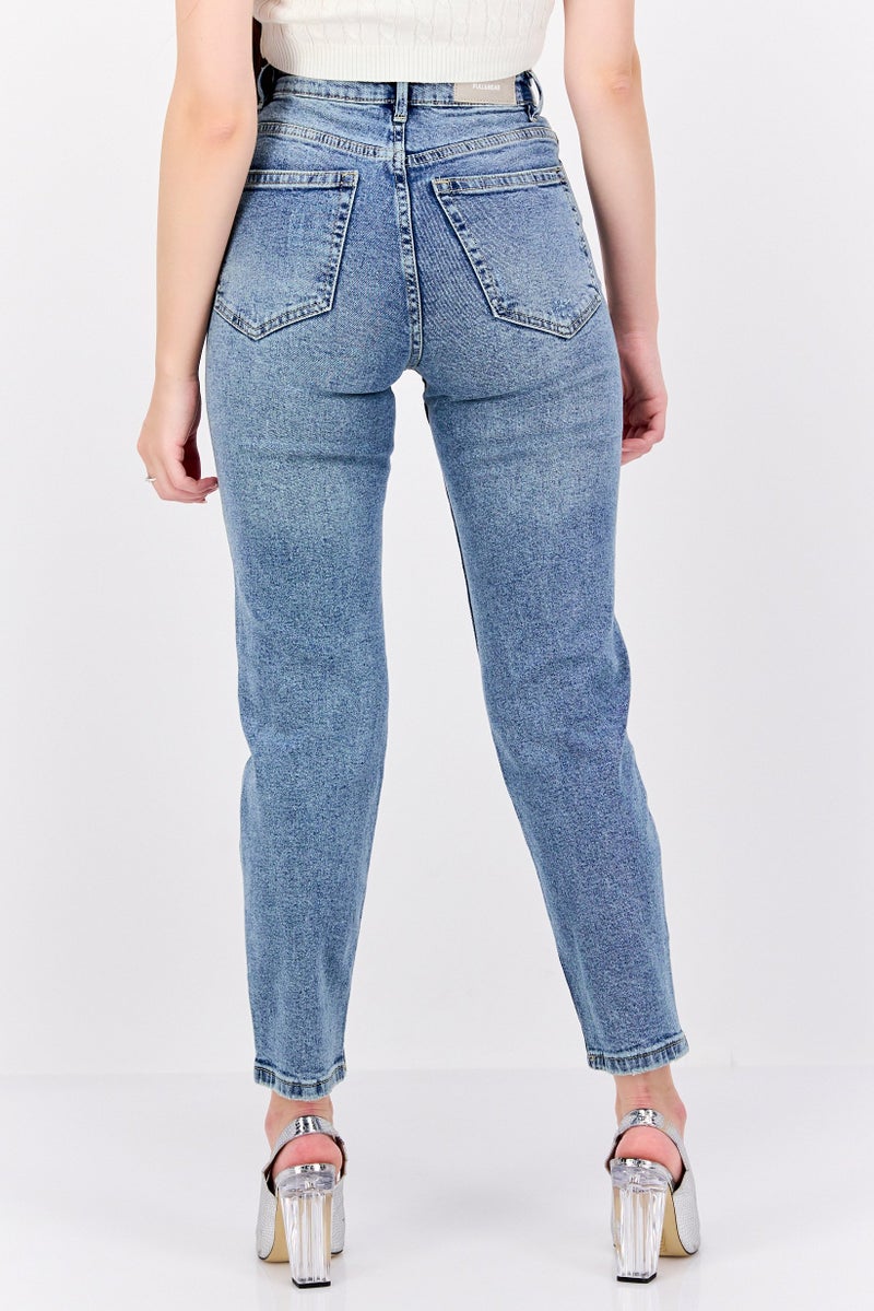 Pull & Bear Women Mom Fit Stretchable Denim Jeans, Blue  - Image 2