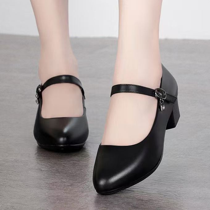 Cheongsam Shoes For Women 2025 Autum New Style Medium-Heeled Waterproof Platform Work Shoes One-Line Buckle Black Professional Flats Women'S Leather Shoes - Image 4