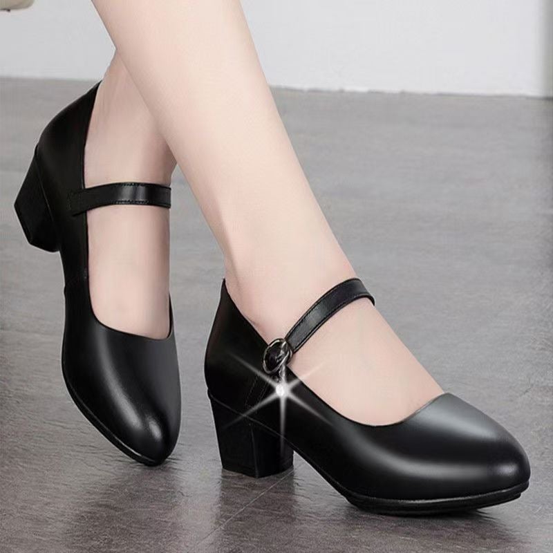 Cheongsam Shoes For Women 2025 Autum New Style Medium-Heeled Waterproof Platform Work Shoes One-Line Buckle Black Professional Flats Women'S Leather Shoes - Image 5