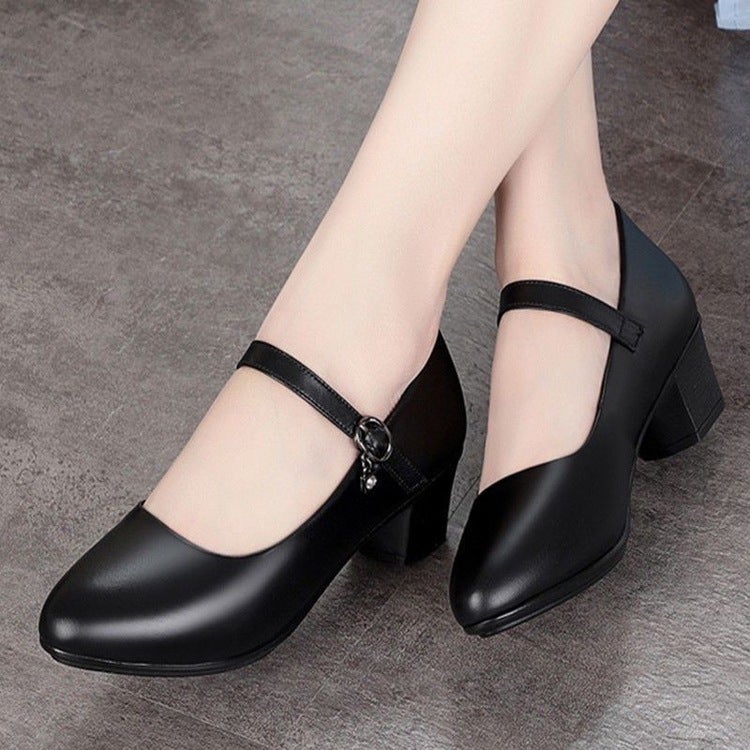 Cheongsam Shoes For Women 2025 Autum New Style Medium-Heeled Waterproof Platform Work Shoes One-Line Buckle Black Professional Flats Women'S Leather Shoes - Image 3