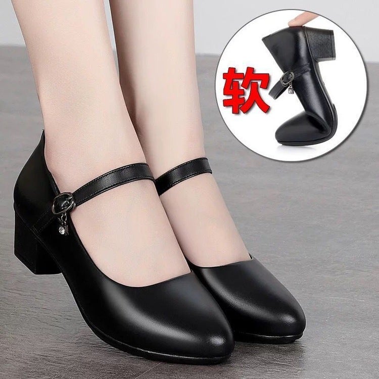 Cheongsam Shoes For Women 2025 Autum New Style Medium-Heeled Waterproof Platform Work Shoes One-Line Buckle Black Professional Flats Women'S Leather Shoes - Image 2