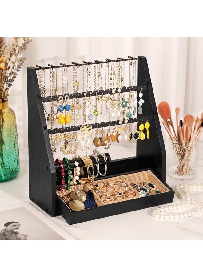 DGWJSU Earring Organizer, 5 Layer Earring Holder Organizer with Necklace Holder, Rustic Wood Jewelry Organizer Stand Display for Stud Earring Bracelet Necklace Ring, Watches - Image 2