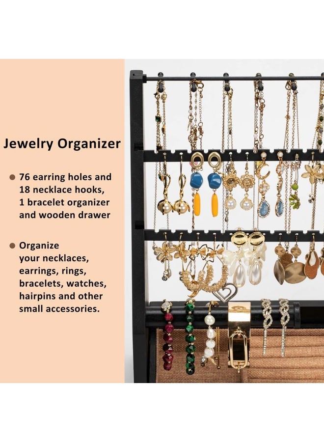 DGWJSU Earring Organizer, 5 Layer Earring Holder Organizer with Necklace Holder, Rustic Wood Jewelry Organizer Stand Display for Stud Earring Bracelet Necklace Ring, Watches - Image 4