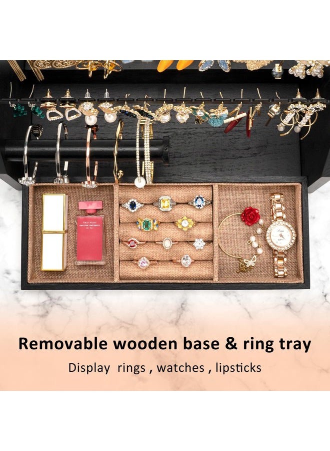 DGWJSU Earring Organizer, 5 Layer Earring Holder Organizer with Necklace Holder, Rustic Wood Jewelry Organizer Stand Display for Stud Earring Bracelet Necklace Ring, Watches - Image 3