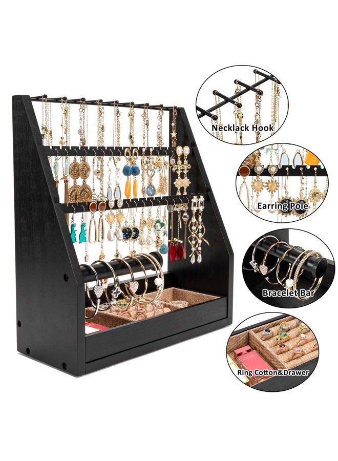 DGWJSU Earring Organizer, 5 Layer Earring Holder Organizer with Necklace Holder, Rustic Wood Jewelry Organizer Stand Display for Stud Earring Bracelet Necklace Ring, Watches - Image 5