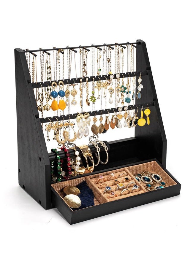 DGWJSU Earring Organizer, 5 Layer Earring Holder Organizer with Necklace Holder, Rustic Wood Jewelry Organizer Stand Display for Stud Earring Bracelet Necklace Ring, Watches - Image 1