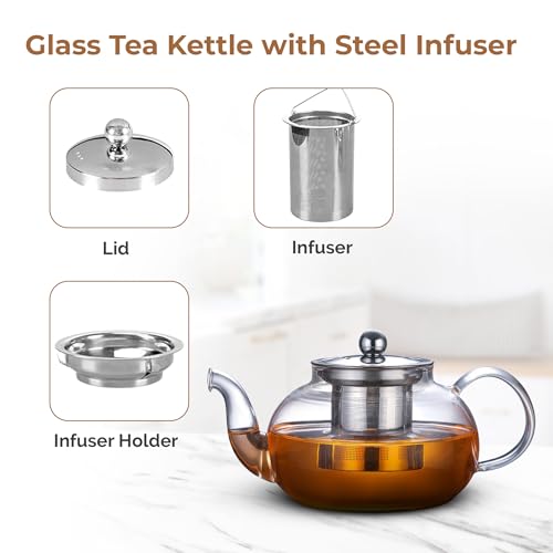 Home Essentials HomeEssentials 800ml Glass Tea Pot with Stainless Steel Infuser & Lid | Durable Borosilicate Glass | Stovetop Compatible | Perfect for Brewing Tea, Coffee & More - Image 3