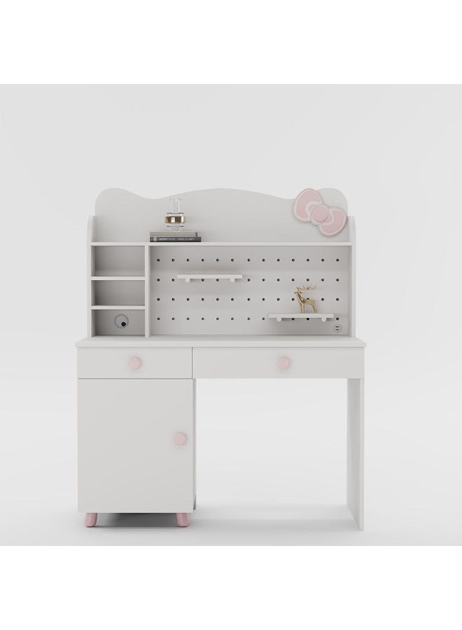 DANUBE HOME مكتب دراسة كيتى مع خزانة و 2 درج و 1 باب – مكتب أطفال أنيق مع منفذ USB، مثالي لغرفة النوم أو غرفة الدراسة – أبيض ووردى - Image 2