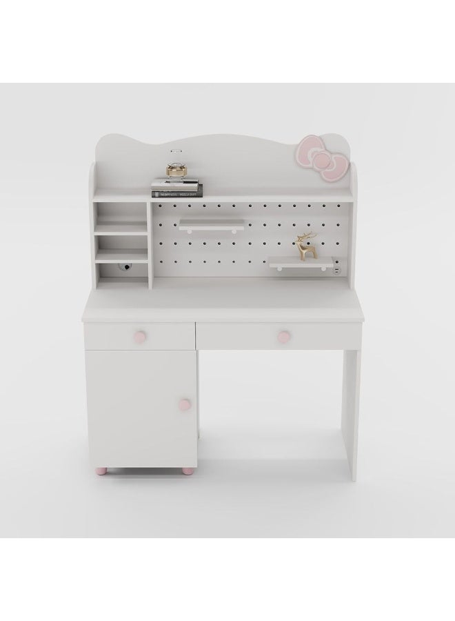 DANUBE HOME مكتب دراسة كيتى مع خزانة و 2 درج و 1 باب – مكتب أطفال أنيق مع منفذ USB، مثالي لغرفة النوم أو غرفة الدراسة – أبيض ووردى - Image 5