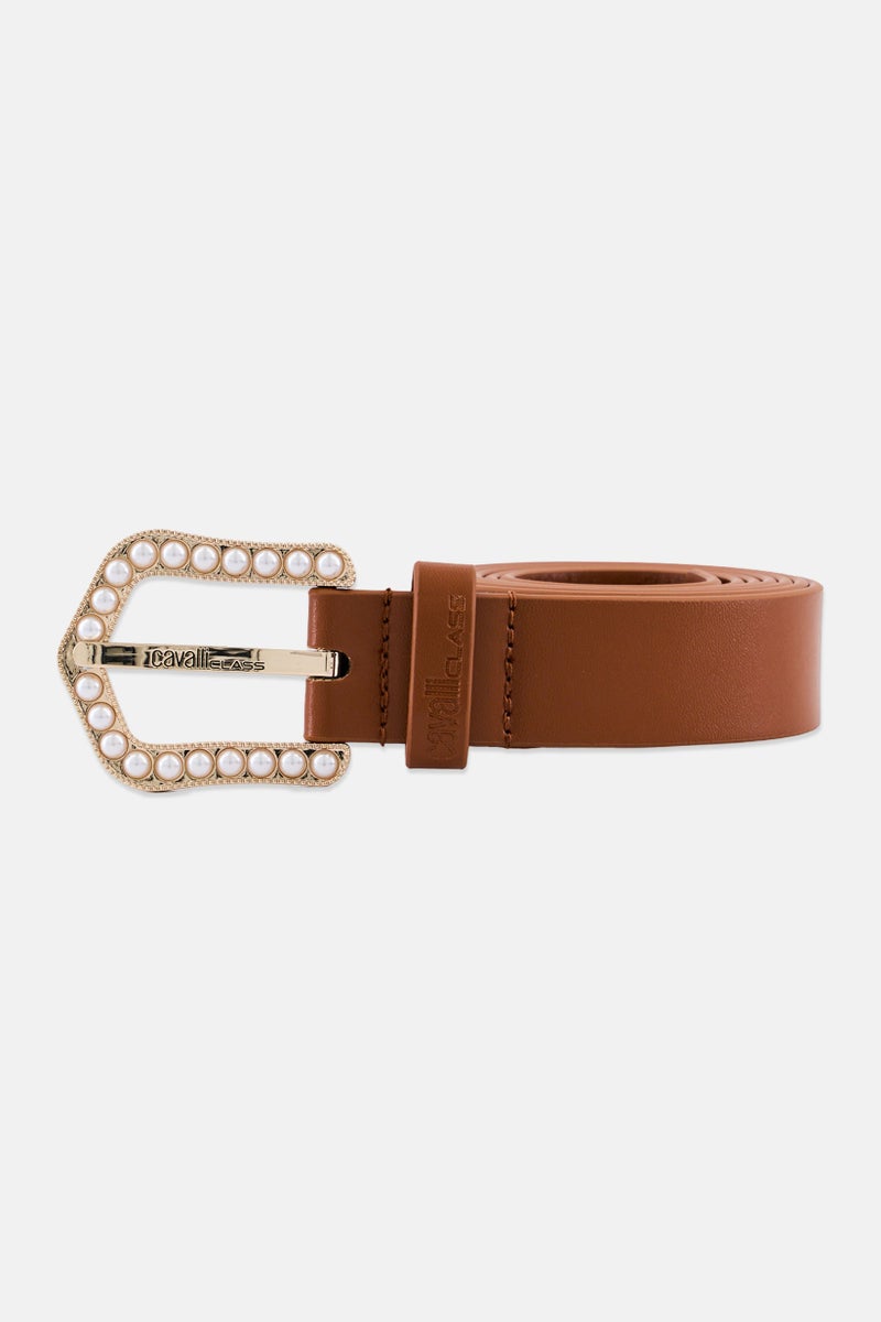 Cavalli Class Women Brand Logo Fashion Leather Belt, Brown - Image 1