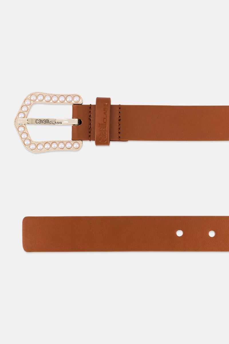 Cavalli Class Women Brand Logo Fashion Leather Belt, Brown - Image 2