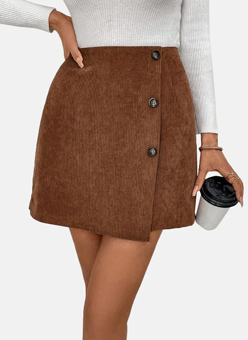 YUNIQEE Brown Solid Slim Fit Mini Skirt