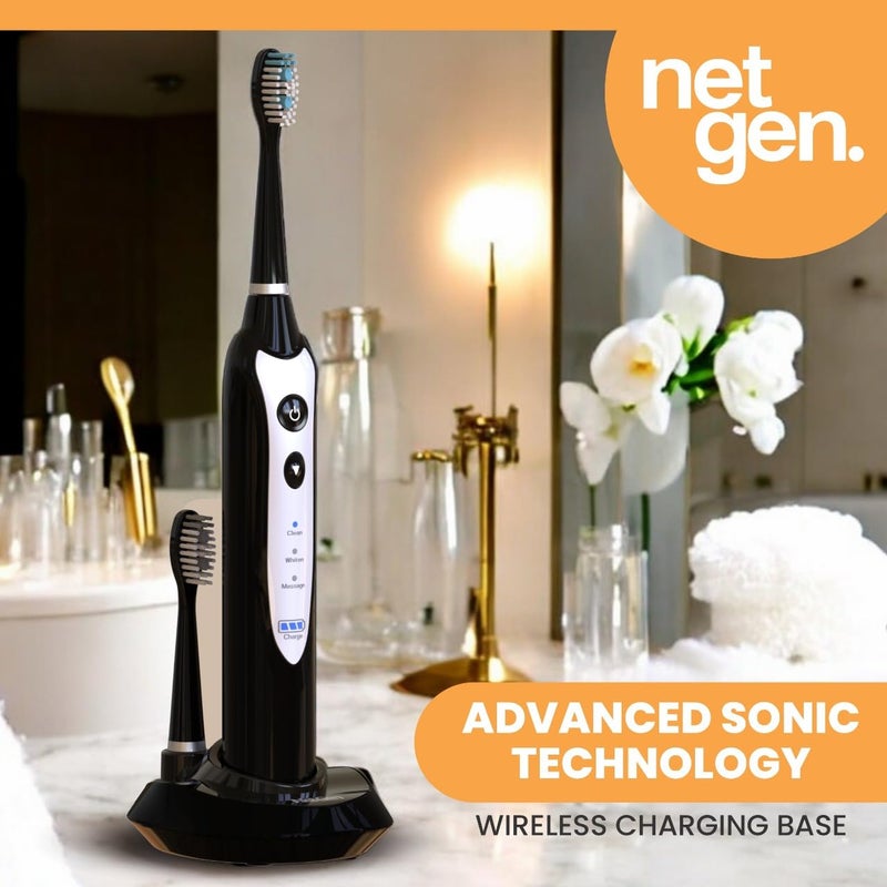 NetGen Sonic Electric Toothbrush for Adults with 5 Toothbrush Replacement Heads, 3 Brushing Modes & 2 Minutes Built-in Timer, Travel Toothbrushes with Inductive Charging, Rechargeable toothbrush | Black - Image 3