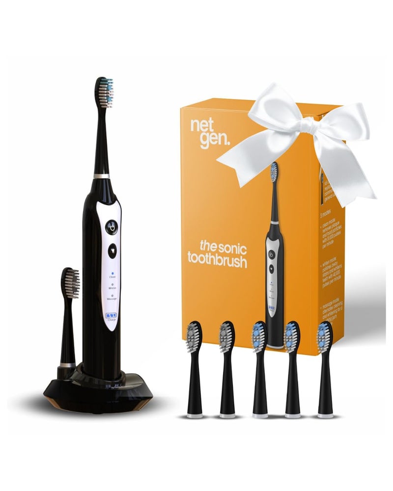NetGen Sonic Electric Toothbrush for Adults with 5 Toothbrush Replacement Heads, 3 Brushing Modes & 2 Minutes Built-in Timer, Travel Toothbrushes with Inductive Charging, Rechargeable toothbrush | Black - Image 1