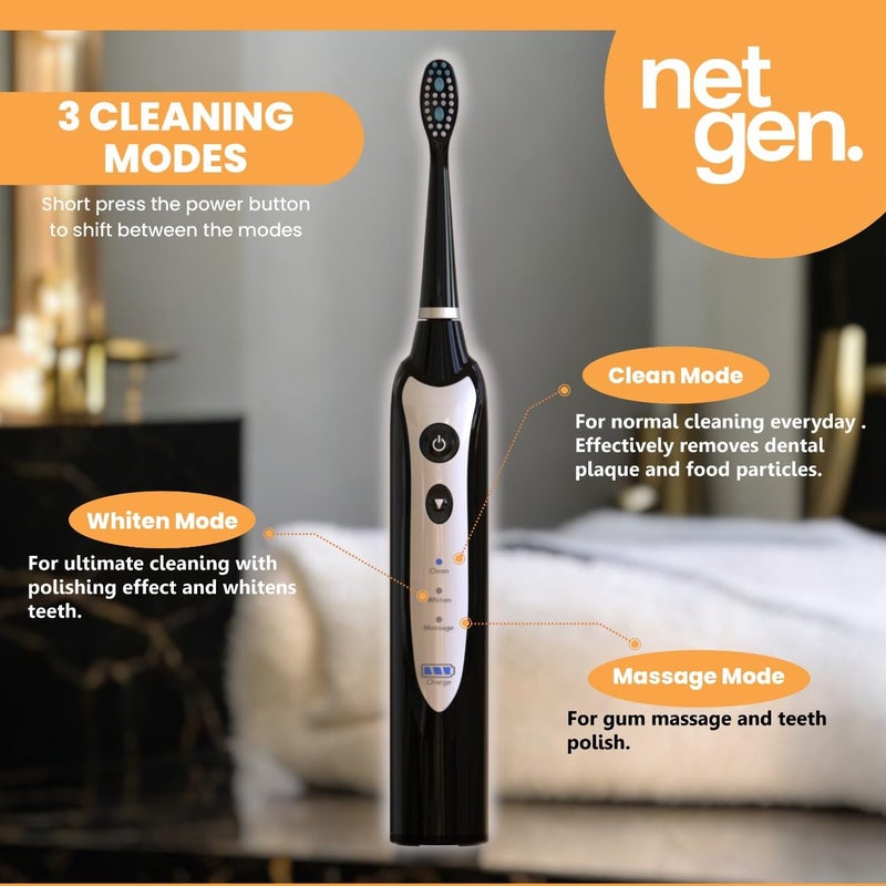 NetGen Sonic Electric Toothbrush for Adults with 5 Toothbrush Replacement Heads, 3 Brushing Modes & 2 Minutes Built-in Timer, Travel Toothbrushes with Inductive Charging, Rechargeable toothbrush | Black - Image 2