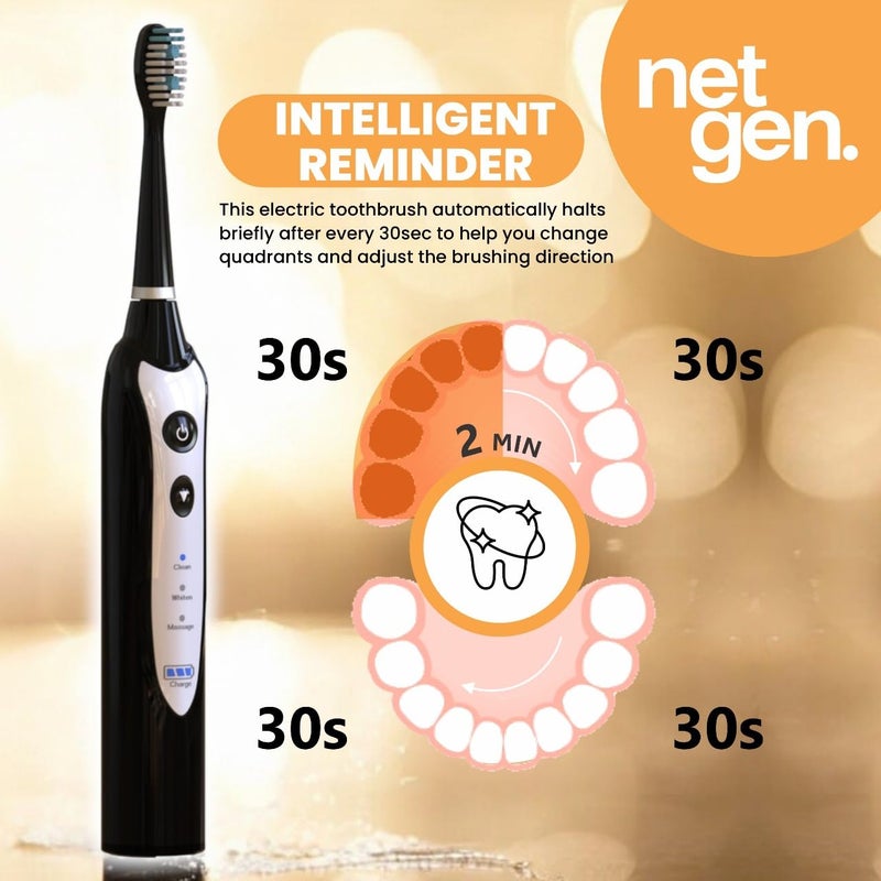NetGen Sonic Electric Toothbrush for Adults with 5 Toothbrush Replacement Heads, 3 Brushing Modes & 2 Minutes Built-in Timer, Travel Toothbrushes with Inductive Charging, Rechargeable toothbrush | Black - Image 4
