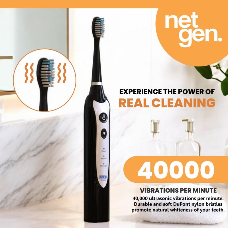 NetGen Sonic Electric Toothbrush for Adults with 5 Toothbrush Replacement Heads, 3 Brushing Modes & 2 Minutes Built-in Timer, Travel Toothbrushes with Inductive Charging, Rechargeable toothbrush | Black - Image 5