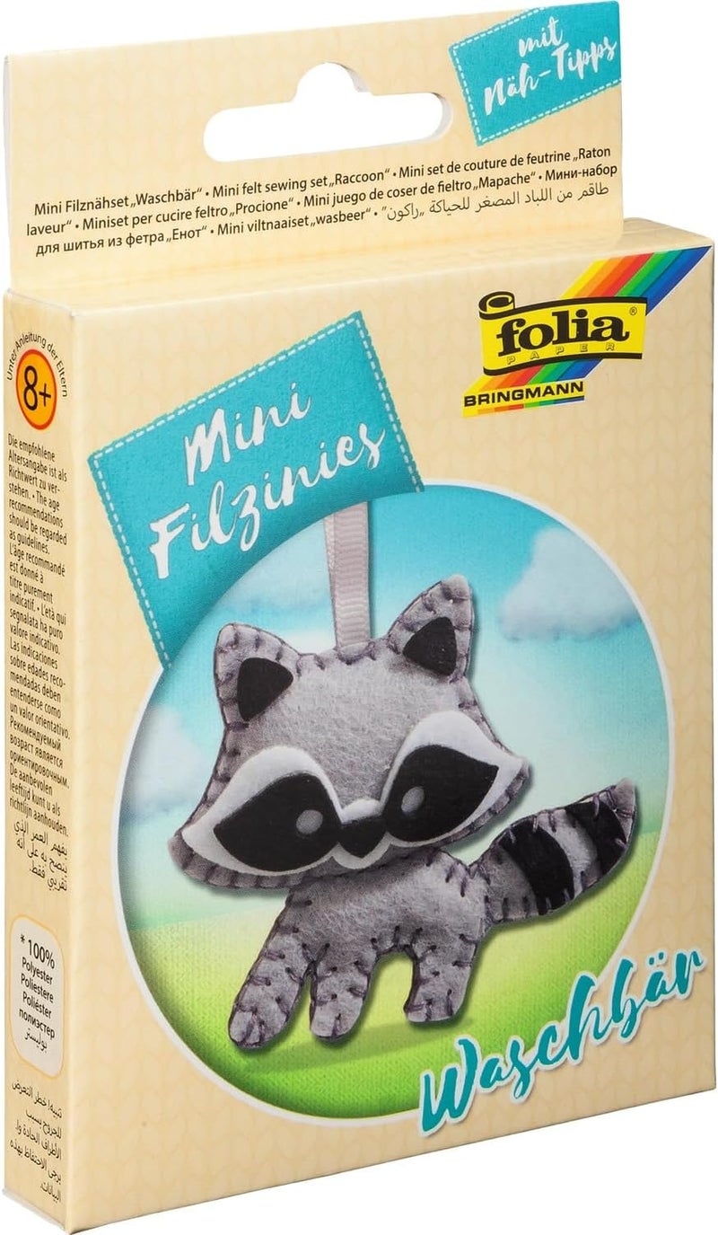 folia 52908 Felt Sewing Kit for Children's Mini Felting, Raccoon Pendant, 12 Pieces, Felt Sewing Set for Making a Self-Sewn Pendant - Image 1
