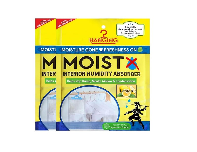 MOISTX MOISTX Hanging Interior Humidity Absorber 200g X 2 pouch with dual benefits Lemon Fragrance Capacity to trap 500ml of moisture from air Pack of 2 For Wardrobe Kitchen Cabinet Bathroom
