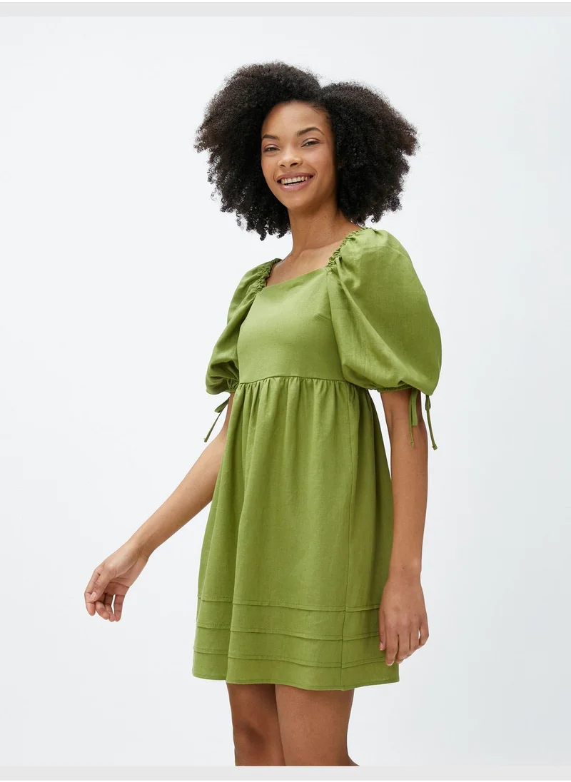 KOTON Linen Mix Puff Sleeve Cut Out Detail Mini Dress