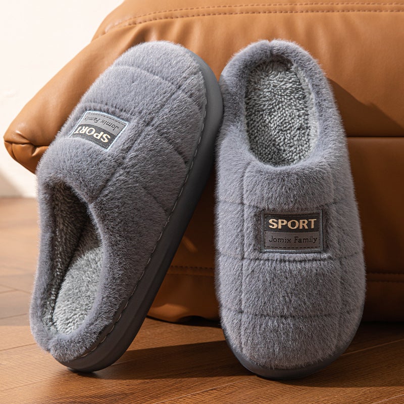 Mens Cotton Slippers Large Size Home Velvet Thick Warm Winter Dark gray 