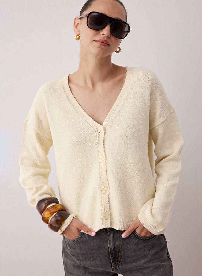 trendyol Ecru More Sustainable Cotton Blended Basic Wide Fit Knitwear Cardigan - Image 1