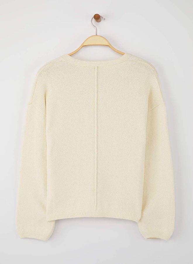 trendyol Ecru More Sustainable Cotton Blended Basic Wide Fit Knitwear Cardigan - Image 5