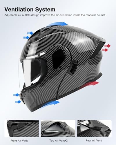 TTMiku Modular Motorcycle Helmet DOT Approved, Lightweight Full Face Flip Up ATV Street Dirt Bike Helmet Dual Visor Sun Shield for Adult Men Women (Carbon Fiber, Medium) - Image 3