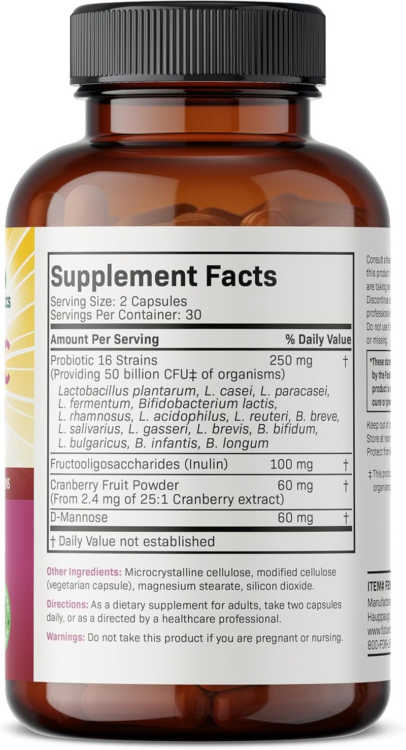 Futurebiotics فيتشر بايوتيكس بروبيوتيك للنساء 50 مليار CFU مع بروبيوتيك مع التوت البري DMannose دعم الهضم المناعي وصحة المسالك البولية غير معدلة وراثيًا 60 كبسولة نباتية - Image 2