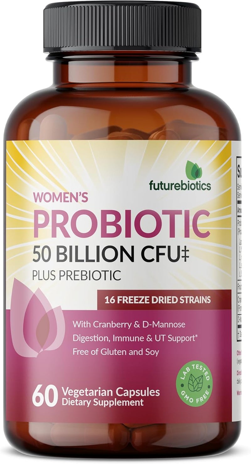 Futurebiotics فيتشر بايوتيكس بروبيوتيك للنساء 50 مليار CFU مع بروبيوتيك مع التوت البري DMannose دعم الهضم المناعي وصحة المسالك البولية غير معدلة وراثيًا 60 كبسولة نباتية - Image 3