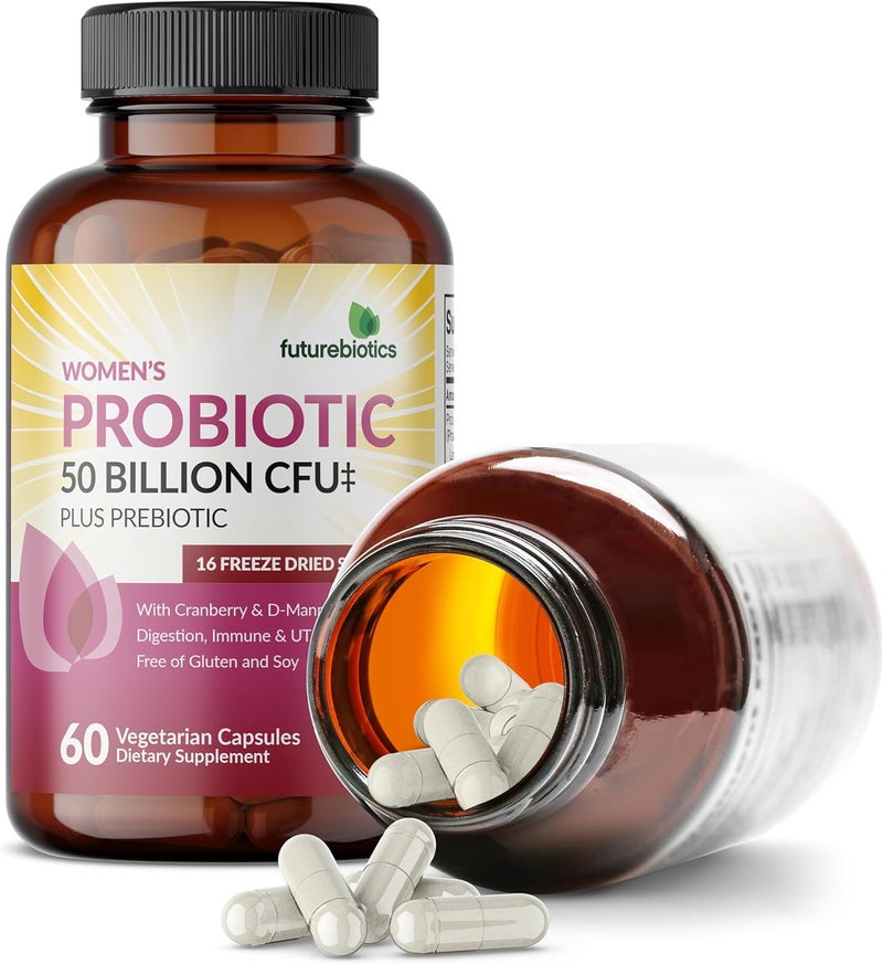 Futurebiotics فيتشر بايوتيكس بروبيوتيك للنساء 50 مليار CFU مع بروبيوتيك مع التوت البري DMannose دعم الهضم المناعي وصحة المسالك البولية غير معدلة وراثيًا 60 كبسولة نباتية - Image 4