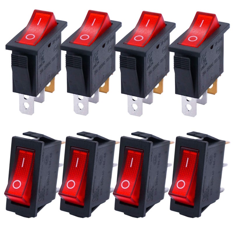 Taiss /8Pcs Rocker Toggle Switch Red Light Illuminated On/Off SPST 3 Pin 2 Position KCD3 Snap AC 250V 125V/20A KCD3-101N-R - Image 1