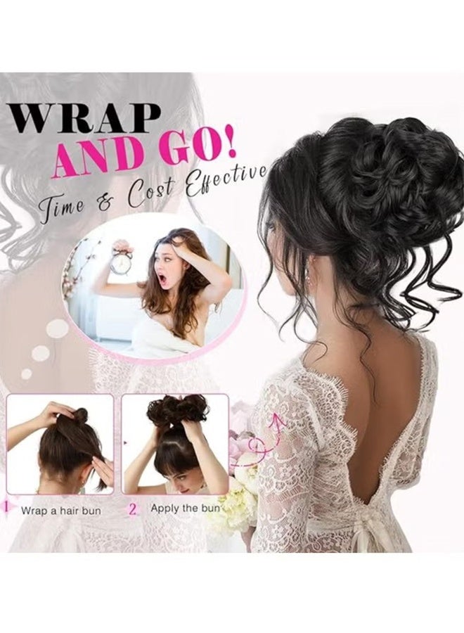Happy D Messy Bun Hair Piece, Tousled Updo With Tendrils Hair Bun Extensions Wavy Curly Hair Wrap Ponytail Hairpieces Hair Scrunchies for Women - Black - Image 4