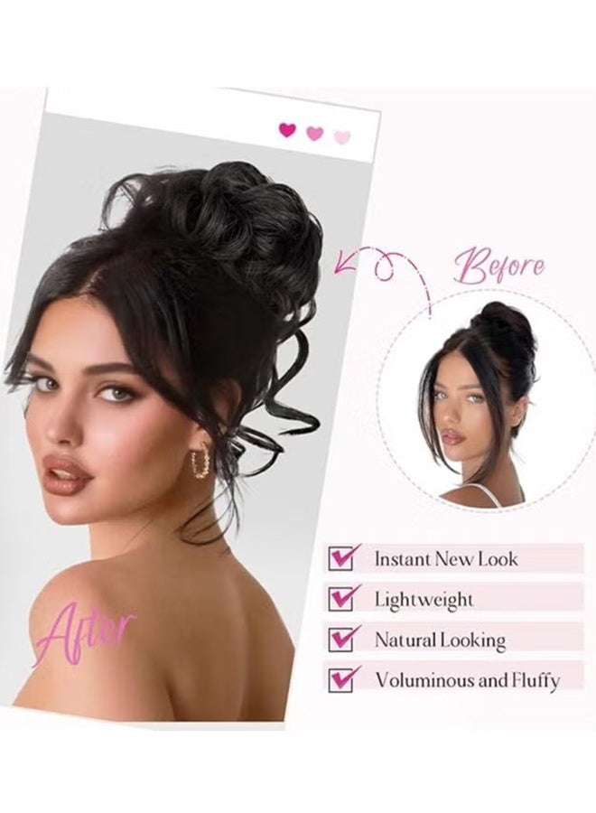 Happy D Messy Bun Hair Piece, Tousled Updo With Tendrils Hair Bun Extensions Wavy Curly Hair Wrap Ponytail Hairpieces Hair Scrunchies for Women - Black - Image 3