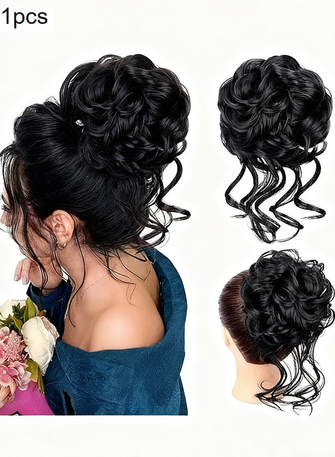 Happy D Messy Bun Hair Piece, Tousled Updo With Tendrils Hair Bun Extensions Wavy Curly Hair Wrap Ponytail Hairpieces Hair Scrunchies for Women - Black - Image 1
